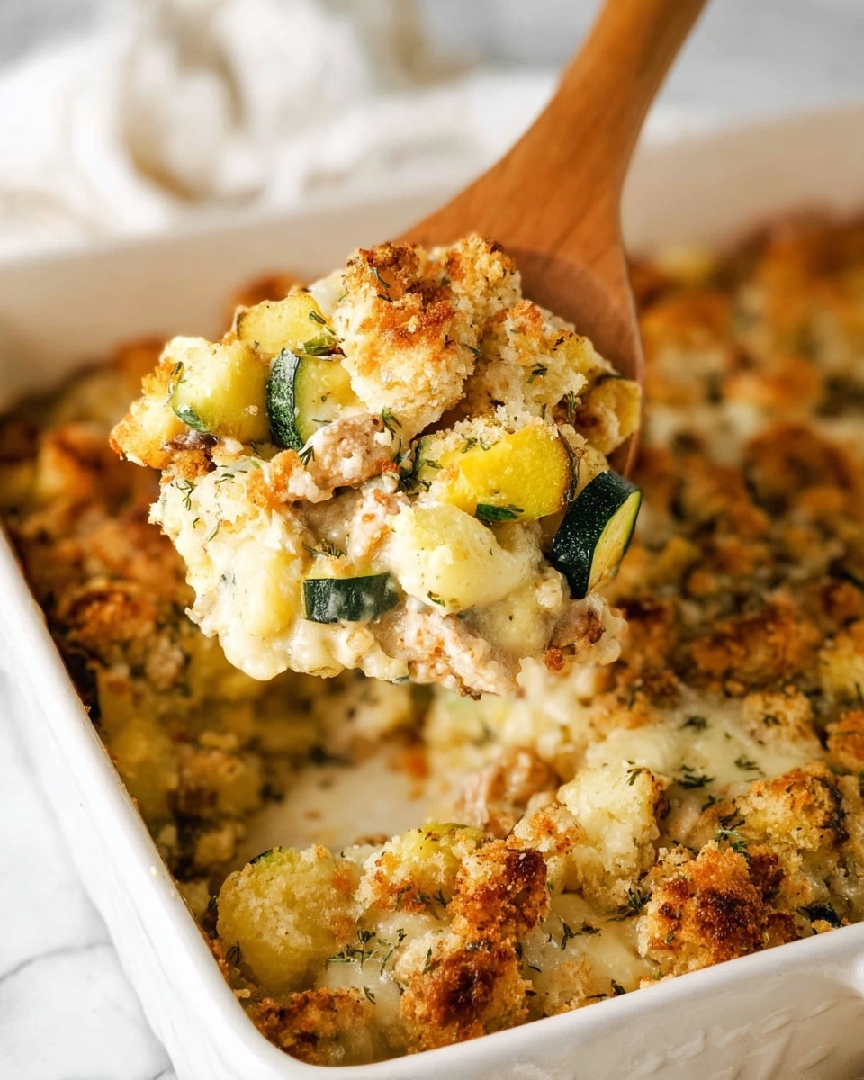 A close-up of a white baking dish filled with a baked casserole that has three main layers visible: the bottom layer is browned and chunky with browned vegetables and bits of protein, the middle layer consists of creamy melted cheese mixed with chunks of light yellow potatoes and green zucchini pieces, and the top layer is golden crispy browned bread crumbs and melted cheese. A wooden spoon is lifting a generous scoop of the casserole showing all these layers together with a mix of soft and crispy textures. The background is a soft white marbled texture. photo taken with an iphone --ar 4:5 --v 7