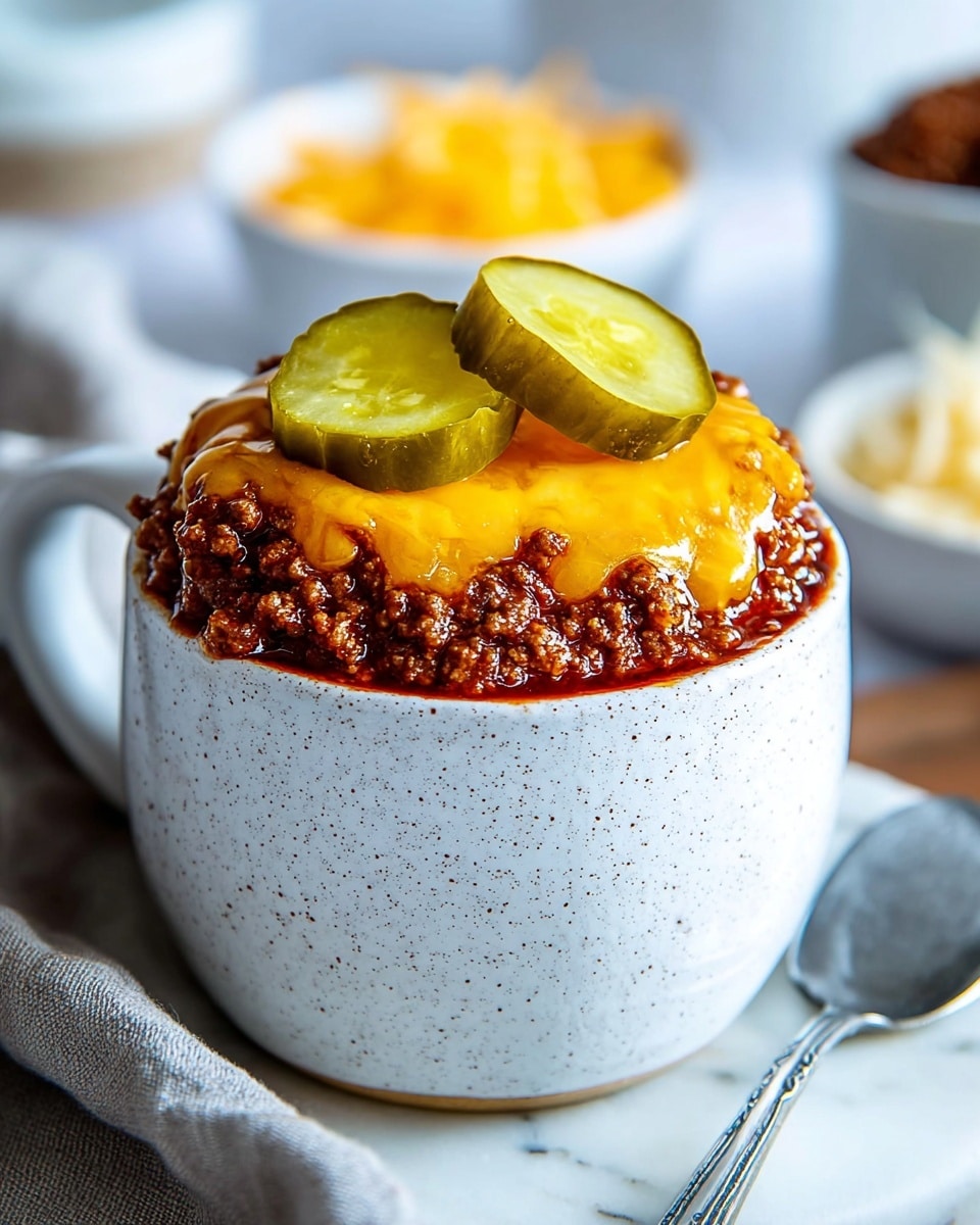 A white speckled cup filled with three layers: the bottom layer is a rich, dark brown chili sauce, the middle layer is thick ground meat with a coarse texture, and the top layer is melted bright orange cheddar cheese dripping over the meat, crowned with two glossy, light green pickle slices arranged side by side. The cup sits on a white marbled surface next to a silver spoon and a light gray cloth. In the background, there are blurred white and white bowls containing shredded cheese. photo taken with an iphone --ar 4:5 --v 7