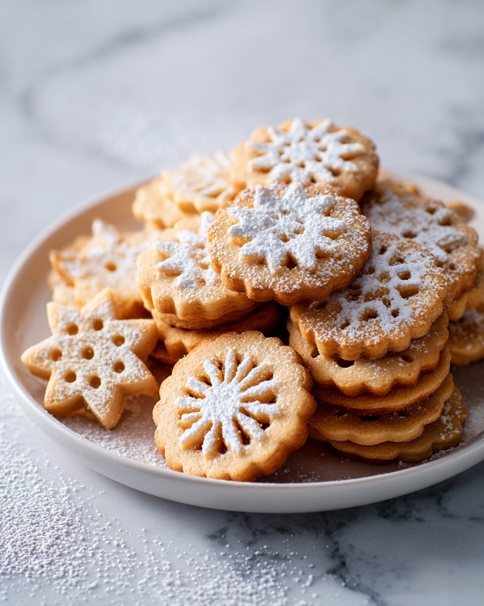 The image shows a metal tray filled with twelve thin, crispy shapes of fried dough, dusted with a light layer of powdered sugar. The shapes include six flower designs with six petal-like loops each, three star designs with five points and open centers, and three round designs with circular patterns inside. The tray sits on a white marbled surface. A metal sifter with powdered sugar rests to the left of the tray. The colors are mainly light brown from the fried dough and white from the powdered sugar. photo taken with an iphone --ar 4:5 --v 7