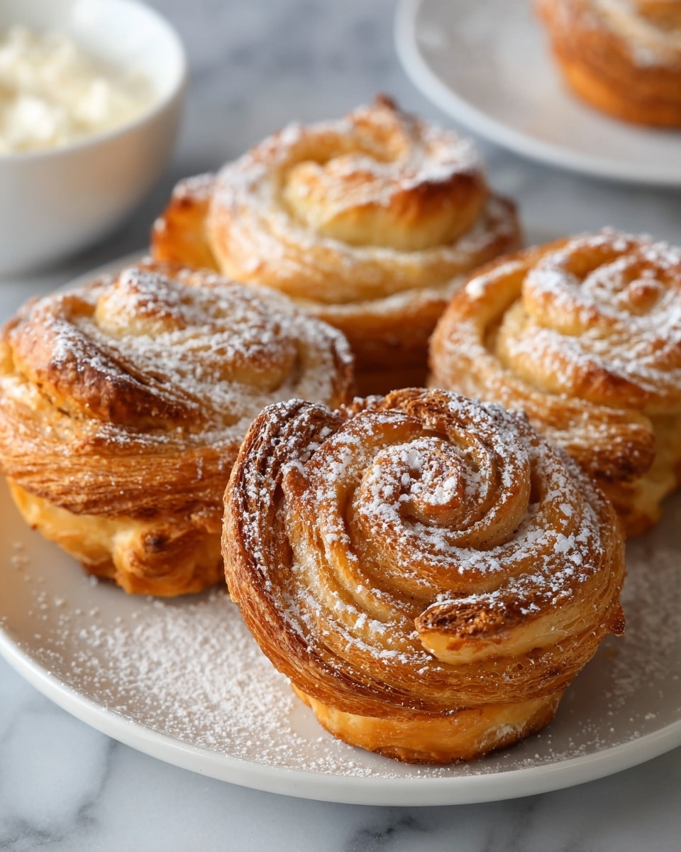 The image shows a plate with five round, twisted pastries that look like cinnamon rolls or Danish pastries. Each pastry has multiple golden-brown layers, with the outer layers crisp and flaky, and the inner layers softer and cream-colored. The pastries are dusted with a light layer of powdered sugar, giving a soft white speckled look on top and around the edges. They are sitting on a white plate, which rests on a white marbled surface. In the background, blurred, there is a small white bowl with a similar texture to the plate. photo taken with an iphone --ar 4:5 --v 7