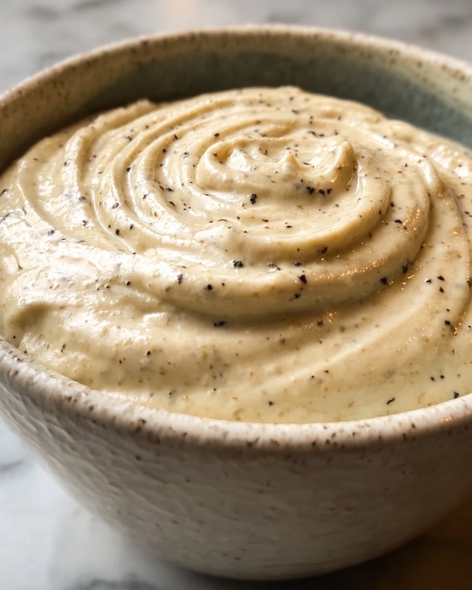 A close-up image showing a thick creamy dip in a white bowl with a slightly rough texture on its surface. The dip is a light beige color with small black pepper flakes mixed throughout. The top layer has a swirl pattern, creating a textured, soft peak that stands out. The bowl is placed on a white marbled surface that is barely visible in the background. photo taken with an iphone --ar 4:5 --v 7