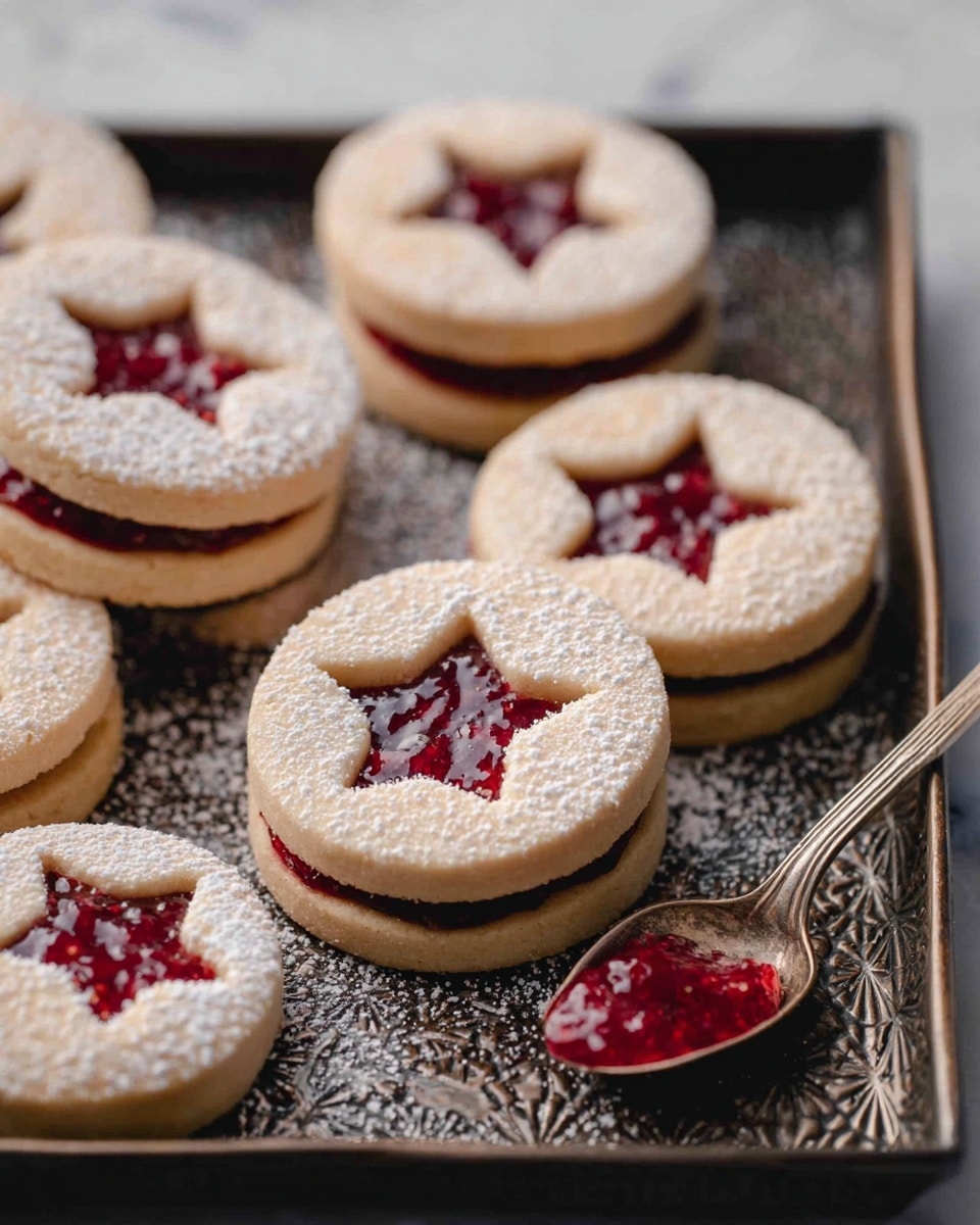 The image shows several round sandwich cookies with two layers of light beige dough, dusted with powdered sugar on top. The center of the top layer is cut out in a star shape, revealing a bright red jam filling with a slightly glossy texture. Each cookie is decorated with a smaller star-shaped cookie placed on top near the cut-out. The cookies are arranged on a dark textured tray, and a vintage silver spoon with some of the same red jam rests beside the cookies. The background is a white marbled texture. photo taken with an iphone --ar 4:5 --v 7