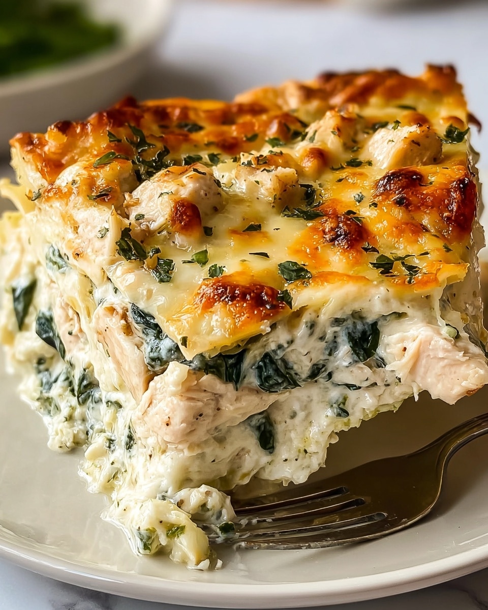 The image shows a close-up of a slice of white lasagna on a white plate with a white marbled texture underneath. The lasagna has three visible layers: the bottom layer is a pale white pasta sheet, the middle layer is creamy white ricotta cheese mixed with chopped green spinach leaves, and the top layer is melted golden-brown mozzarella cheese with small pieces of white chicken and scattered green herbs. The top cheese layer has a bubbly, slightly browned texture, and the chicken pieces are light and tender. The slice is being lifted gently by a fork, showing the thickness and creamy texture in detail. Photo taken with an iphone --ar 4:5 --v 7