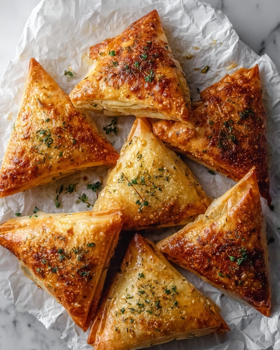 The image shows seven golden-brown triangular pastries arranged close together on crumpled white parchment paper, which rests on a white marbled surface. Each pastry has a crispy, flaky texture with slightly glossy tops, sprinkled with green herbs and small bits of seasoning. The pastries have visible layers of thin dough baked to a light golden color, with some edges darker and more toasted. The scene is warm and inviting, highlighting the contrast between the flaky layers and the smooth, seasoned surface of each triangle. Photo taken with an iphone --ar 4:5 --v 7