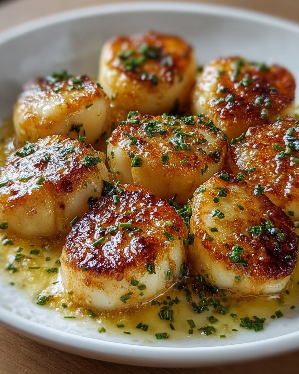 The dish shows eight round pieces of golden brown seared food with a crispy textured top layer, each piece shiny with a light butter or oil glaze. They are arranged closely on a white plate with hints of melted butter pooling around the base. Small chopped green herbs are sprinkled evenly over the surface of each piece, adding a fresh contrast. The pieces have a soft and slightly uneven texture under the browned layer, suggesting a tender inside. The photo is set against a white marbled texture. photo taken with an iphone --ar 4:5 --v 7