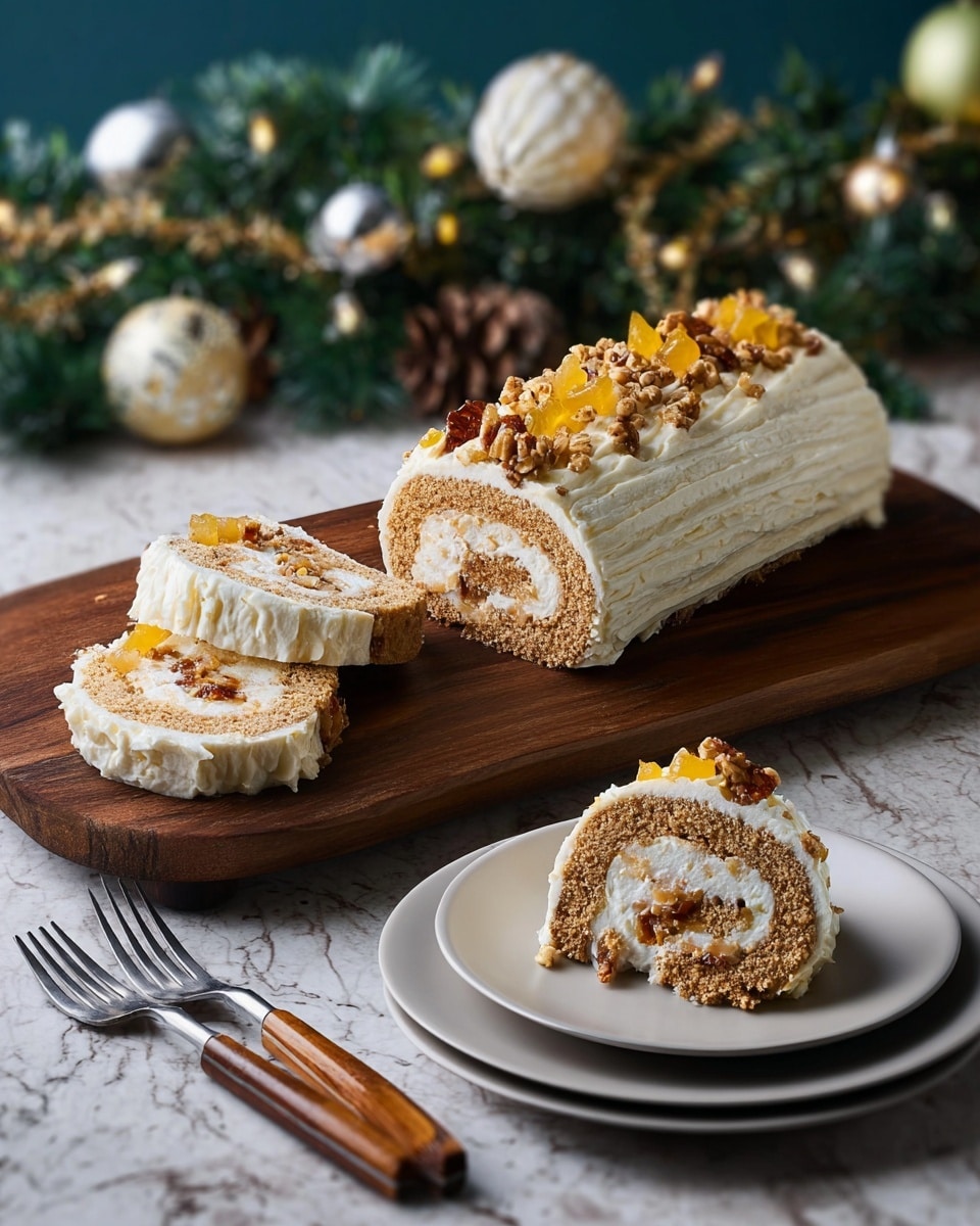 A light brown cake roll with three visible layers is shown, each layer alternating between soft cake and white creamy filling. The roll is covered in a thick, textured white cream frosting with pieces of golden caramelized nuts and translucent yellow candied fruit scattered on top. Two slices are cut and placed on a dark wooden board, with one slice served on a white plate stacked with two other plates. The setting includes two forks with wooden handles next to the plate and a blurred decorative pine branch with green and white Christmas ornaments in the background. The surface has been changed to a white marbled texture. photo taken with an iphone --ar 4:5 --v 7