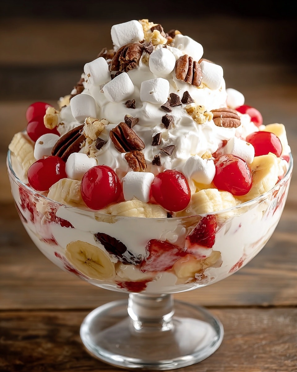 A large clear glass bowl holds a layered dessert with multiple textures and colors. The bottom layer is creamy white whipped cream mixed with red strawberry sauce and slices of pale yellow banana. Above this, there are bright red cherries, white mini marshmallows, medium brown pecan halves, and smooth dark brown chocolate chips scattered across a mound of white whipped cream. The bananas are sliced thickly, adding a soft texture, while the red cherries and chocolate chips add shiny, rich colors. The whole dessert looks tall and rich, mixing smooth, soft, and crunchy bits, sitting on a wooden surface replaced by a white marbled texture. Photo taken with an iphone --ar 4:5 --v 7
