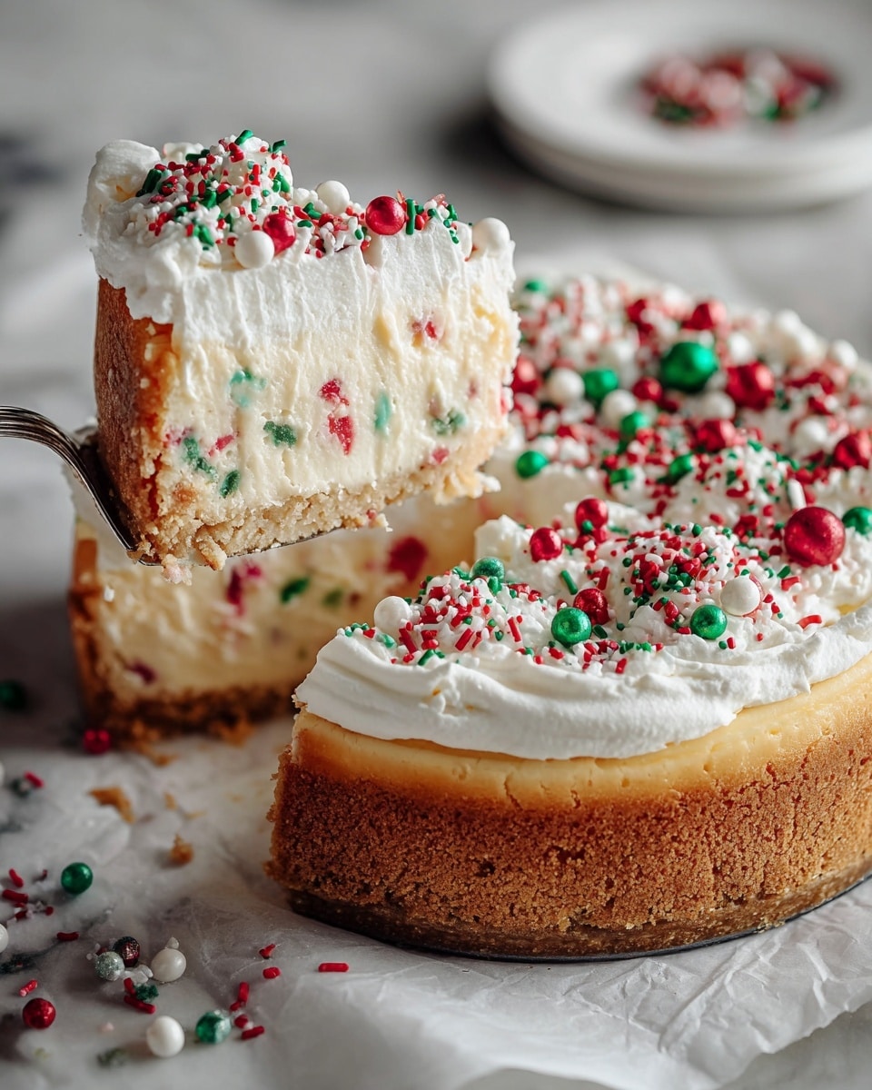 The image shows a round cheesecake with three clear layers. The bottom layer is a golden brown crumb crust, firm and textured. The middle layer is thick, creamy, and pale off-white with bits of red and green mixed inside, giving it a festive look. On top, there is a thick, smooth layer of white whipped cream, decorated generously with red, white, and green sprinkles in different shapes and sizes, including small balls and jimmies. A slice is lifted on a fork, showing all layers clearly, and it is set on a white marbled surface with some sprinkles scattered around. Photo taken with an iphone --ar 4:5 --v 7