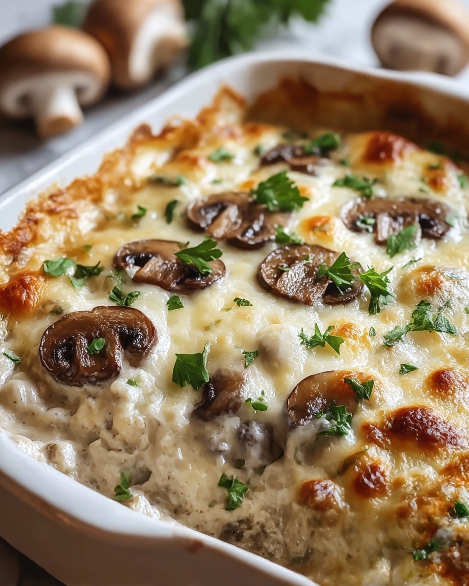 A close-up of a white baking dish filled with a creamy two-layered mushroom casserole; the bottom layer is a soft, light beige potato or pasta base mixed with small mushroom pieces, and the top layer is a thick, bubbly, golden brown melted cheese with whole cooked mushrooms scattered on it, garnished with small green parsley leaves, all set on a white marbled surface. photo taken with an iphone --ar 4:5 --v 7