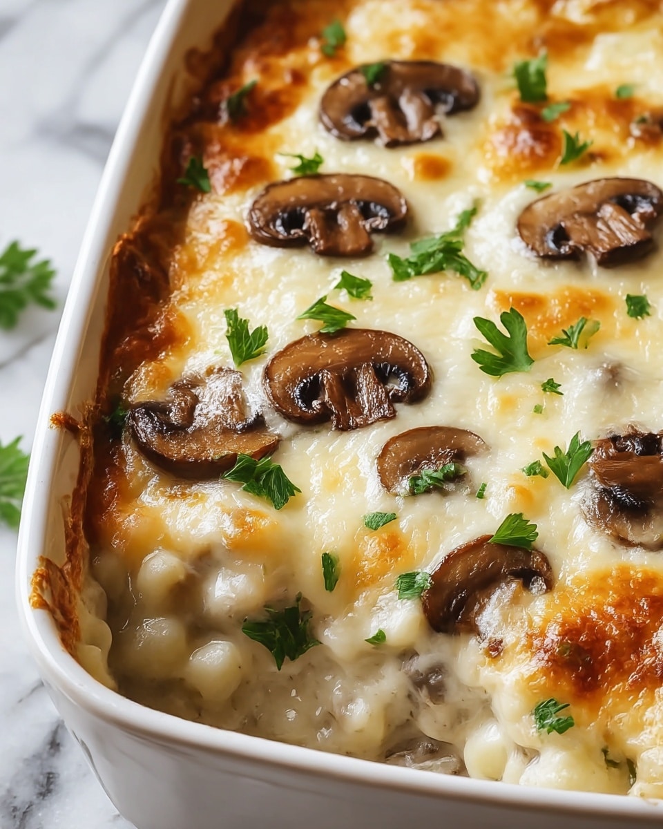 A close-up of a white ceramic baking dish filled with a creamy mushroom casserole. The dish has three visible layers: the bottom layer is a smooth, light cream sauce mixed with soft mushroom pieces; the middle layer consists of cooked, slightly browned whole mushroom slices; and the top layer is melted creamy cheese browned to golden on the raised parts, sprinkled with fresh green parsley leaves scattered throughout. The edges of the casserole show a bubbly, slightly toasted texture under the cheese. The dish sits on a white marbled surface with blurred whole mushrooms in the background. photo taken with an iphone --ar 4:5 --v 7