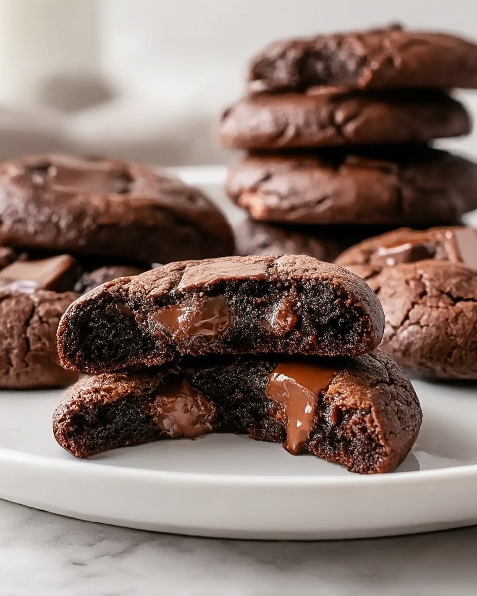 A close-up of soft, thick chocolate cookies arranged on a white plate set on a white marbled texture. The front cookie is broken in half, showing two layers: a dark, moist chocolate cake-like dough on the outside and inside, with gooey milk chocolate chunks melting within the center. The dough has a slight cracked texture on top and a rich, dense look. In the background, whole cookies with similar textures and visible chunks are stacked loosely. The lighting is soft, highlighting the glossy melted chocolate pieces. Photo taken with an iphone --ar 4:5 --v 7