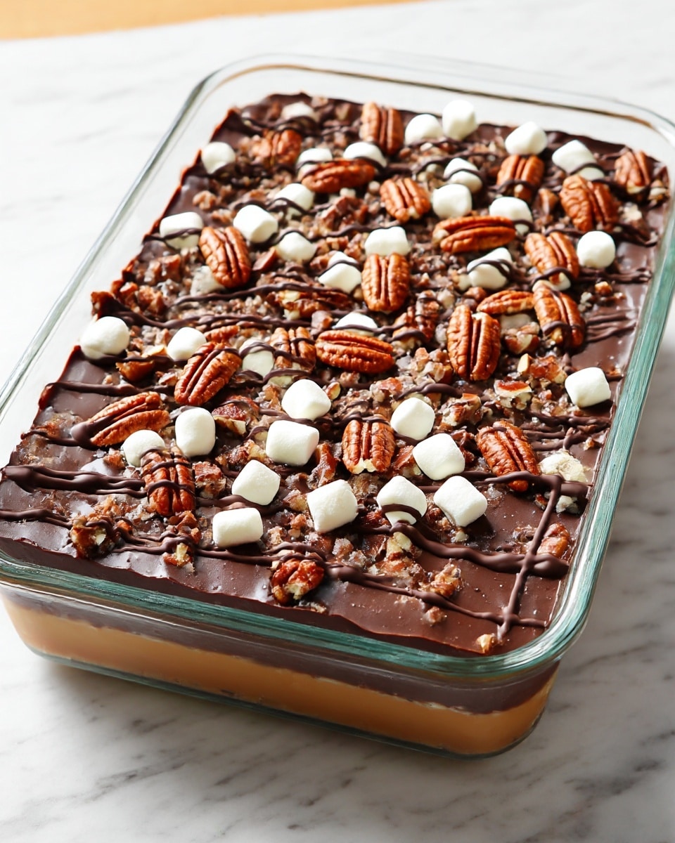 The dish is a layered dessert in a clear glass rectangular dish with three visible layers: a caramel-colored bottom layer, a thick dark chocolate middle layer that is smooth, and a topping of whole and broken pecan pieces mixed with small white marshmallows and a drizzle of dark chocolate zigzagging over the top. The pecans have a rich brown textured surface, and the marshmallows are soft and white, scattered evenly all over. The dish sits on a white marbled texture surface, with bright, natural lighting bringing out the glossy and crunchy details of the toppings. photo taken with an iphone --ar 4:5 --v 7