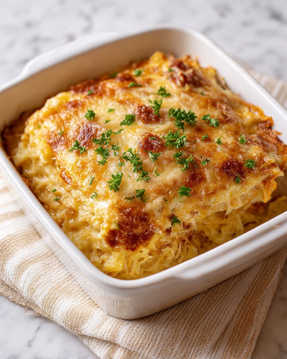 The image shows a white square baking dish filled with two thick layers of golden-brown baked casserole. The top layer has a light crispy texture with melted cheese and small bits of browned crust. The casserole is a mix of creamy, shredded pieces with some browned edges and is sprinkled with small pieces of fresh green parsley on top. The dish sits on a beige and white striped cloth over a white marbled surface. photo taken with an iphone --ar 4:5 --v 7