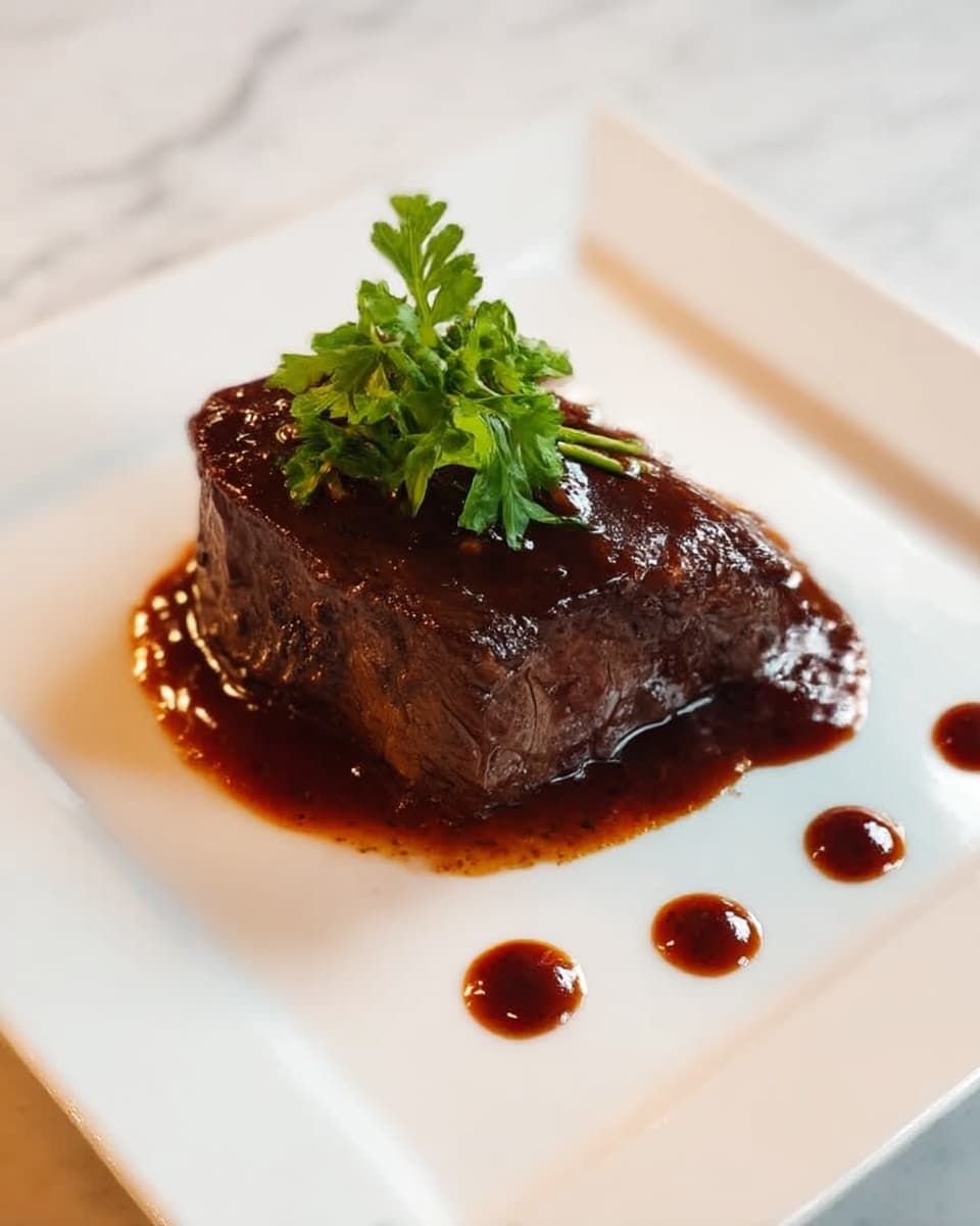 A thick piece of cooked beef steak sits in the middle of a white square plate on a white marbled surface. The steak is covered with a shiny dark brown sauce, and a small bunch of fresh green parsley rests on top as garnish. Around the steak, there are five small dots of the same dark brown sauce placed evenly on the plate, adding detail to the presentation. The texture of the steak looks tender, with some char marks visible under the sauce. photo taken with an iphone --ar 4:5 --v 7