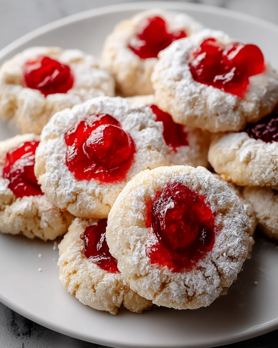 The image shows several round cookies arranged on a white plate, each cookie has a rough, crumbly light beige base with a generous dusting of white powdered sugar on top. In the center of each cookie are three bright red, glossy glazed cherries clustered together, creating a shiny and slightly translucent layer that contrasts vividly with the pale cookie base. The cookies sit close to each other, some partially overlapping, on a white marbled textured surface in the background. photo taken with an iphone --ar 4:5 --v 7