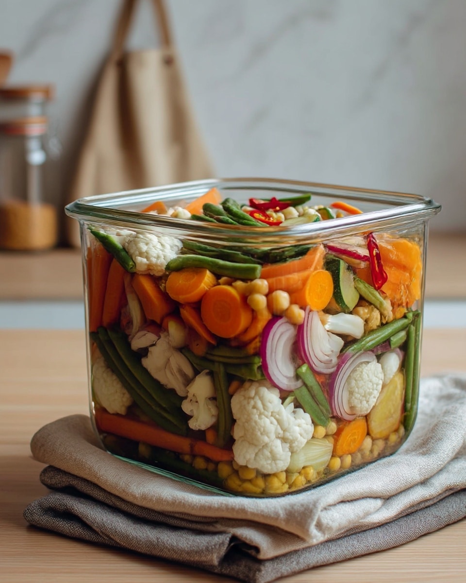 A clear glass square container filled with colorful mixed pickled vegetables, layered with slices of orange carrots, green beans, white cauliflower florets, thin round cucumber slices, red chili strips, pale purple onion slices, and yellow chickpeas, all sitting together densely packed. The container is placed on top of folded beige and gray cloths on a light wooden table, with a blurred background of kitchen items including a beige apron and some jars on a white marbled texture. The vegetables inside the container show varied textures from crunchy to soft and fresh. photo taken with an iphone --ar 4:5 --v 7