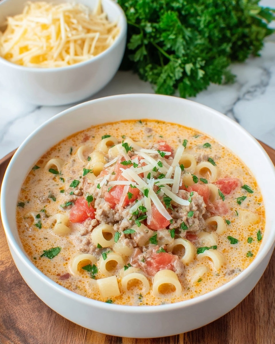 A white bowl sits on a wooden surface with creamy soup inside. The soup has small tubes of pasta, bits of cooked ground meat, and chunks of soft tomatoes mixed in a light beige broth with an orange tint. On top, scattered green herbs add a splash of color, along with thin shreds of pale cheese. Behind the bowl is a white bowl filled with shredded cheese and a bunch of green parsley on a white marbled texture surface. photo taken with an iphone --ar 4:5 --v 7