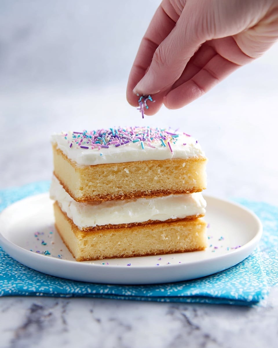 A three-layer square cake is placed on a round white plate on a blue patterned cloth on a white marbled surface. Each cake layer is light golden brown and appears soft. Between each cake layer is a thick layer of smooth white frosting. The top frosting layer is also white and is being decorated with small, thin, colorful sprinkles in purple, blue, and a little pink, sprinkled by a woman's hand just above the cake. Photo taken with an iphone --ar 4:5 --v 7