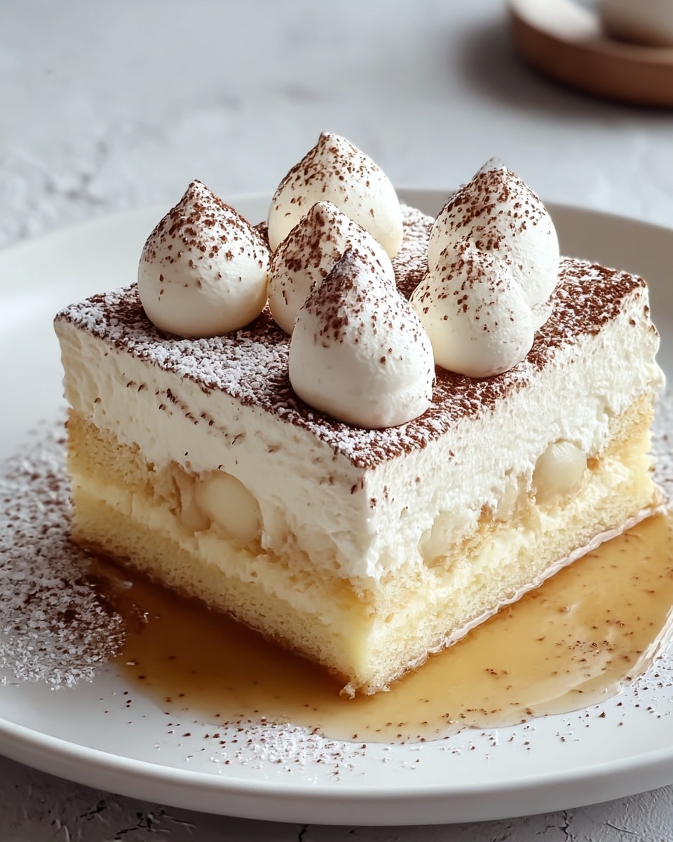 A square slice of creamy layered cake sits on a white plate with a white marbled textured background. The bottom layer is a light, spongy cake soaked in a glossy syrup that pools slightly around the base. Above this is a thick, smooth layer of white cream, topped by a dusting of fine cocoa powder and powdered sugar spread over the surface and plate around it. Four dollops of whipped cream, each sprinkled with cocoa powder, are neatly placed on top in a square shape. Photo taken with an iphone --ar 4:5 --v 7