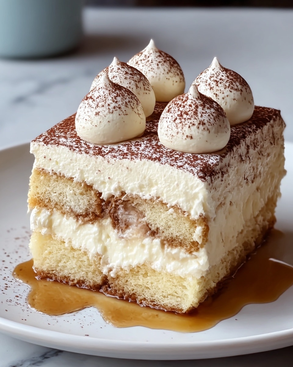 A slice of tiramisu is shown on a white plate with a white marbled surface. The dessert has three main layers: the bottom layer is a light, soft sponge cake soaked in coffee syrup, giving it a slightly darker, moist texture; the middle layer is smooth and creamy, filled with white mascarpone cream and visible soaked ladyfinger biscuits in the center; the top layer is a thick spread of mascarpone cream dusted with cocoa powder and powdered sugar. On top, there are four dollops of cream with cocoa powder sprinkled lightly over them. The syrup pools around the base of the dessert on the plate, adding a glossy, caramel-brown touch. photo taken with an iphone --ar 4:5 --v 7