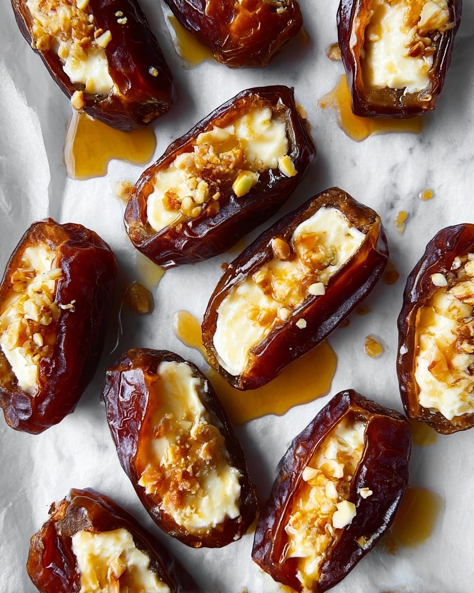 The image shows several stuffed dates placed on white parchment paper over a white marbled surface. Each date is deep brown with a glossy, wrinkled texture and is sliced open to reveal a creamy white filling inside. The filling looks smooth and soft, topped with small, golden chopped nuts that add a crunchy texture. A sticky, amber-colored syrup lightly coats the dates and drips around them, enhancing their shiny appearance. The dates are arranged randomly but closely together, giving a sense of abundance and richness. photo taken with an iphone --ar 4:5 --v 7