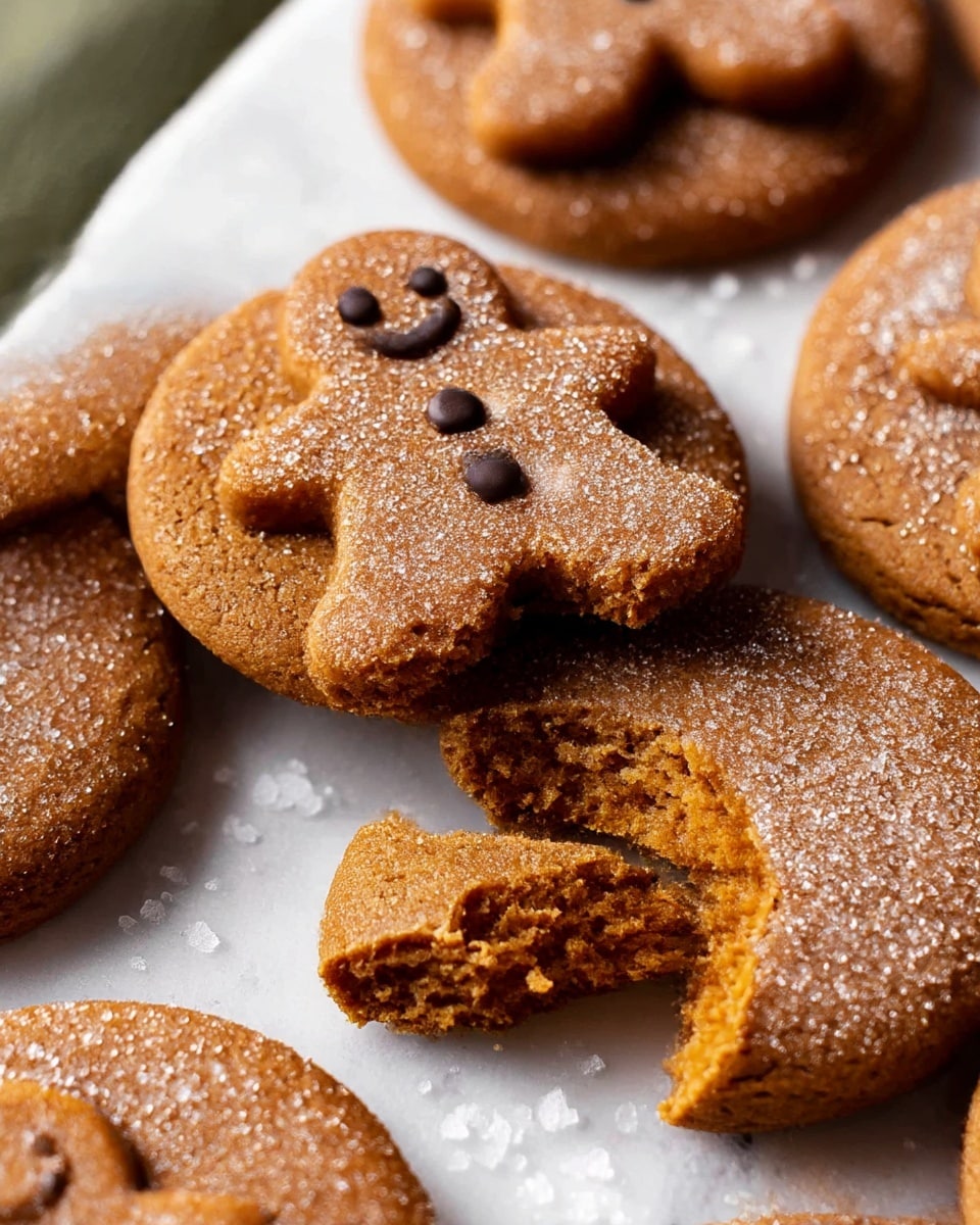The image shows several round cookies with a light brown base layer that looks soft and slightly crumbly, each topped with a gingerbread man-shaped cookie in a darker brown color. The gingerbread men have three small dark chocolate dots down the center representing buttons. The cookies are dusted with fine white powdered sugar, giving a light snowy effect. They are arranged closely on a white marbled surface with some scattered crumbs and powdered sugar around them. Photo taken with an iphone --ar 4:5 --v 7