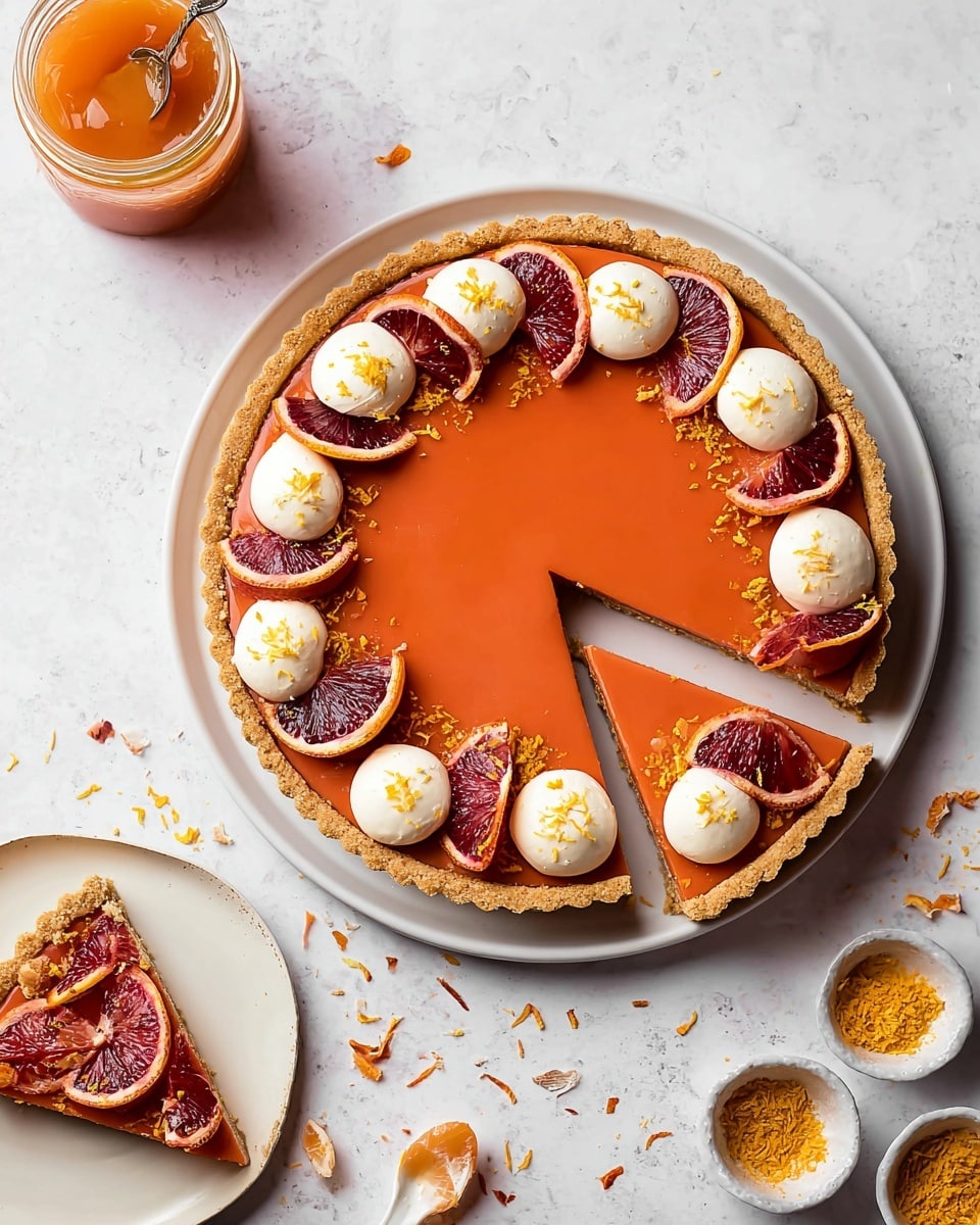 A blood orange tart with three layers is shown on a white plate placed on a white marbled surface. The tart has a crumbly light brown crust forming the base and edge. The middle layer is smooth, glossy, and bright orange, filling the center. On top, dollops of white cream are evenly spaced around the edge, alternating with thin slices and small wedges of dark red and orange blood oranges. Orange zest and tiny yellow sprinkles are scattered around the cream and fruit, adding texture. Two slices are cut out from the tart’s edge, revealing the neat layers. Nearby are a small white plate with more blood orange slices, a jar of orange sauce with a white spoon, and two small white bowls with dried orange petals and yellow powder. photo taken with an iphone --ar 4:5 --v 7