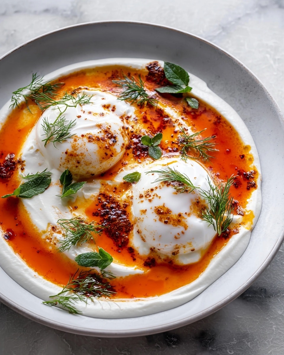 The dish shows two soft white poached eggs resting on a smooth, thick white yogurt base that covers most of the white plate. Around the eggs and yogurt, there is a bright orange-red sauce with a rich, oily texture and small spices sprinkled on top, creating a vibrant contrast. Small green herb leaves and delicate sprigs of dill are placed around the edges, adding a touch of fresh green color. The plate sits on a white marbled textured surface, enhancing the clean and fresh look of the dish. photo taken with an iphone --ar 4:5 --v 7