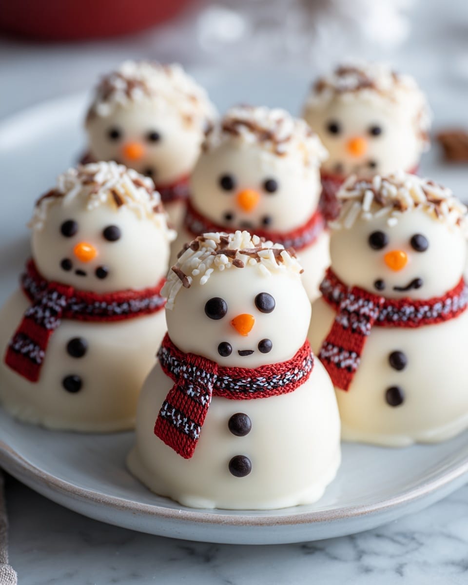 The image shows small snowman-shaped treats made of two round layers stacked to form the body and head, covered in smooth white icing. Each snowman has two small black dots for eyes and three small black dots on the body as buttons. They have small orange carrot-shaped noses and smiling mouths made of tiny black dots. On top of the head, there are white and light brown crunchy sprinkles that look like snow or ice. Around each snowman's neck is a red scarf with white and black patterns. The snowmen are placed closely together on a white plate with a slight pattern on the edge, set against a white marbled surface. Photo taken with an iphone --ar 4:5 --v 7