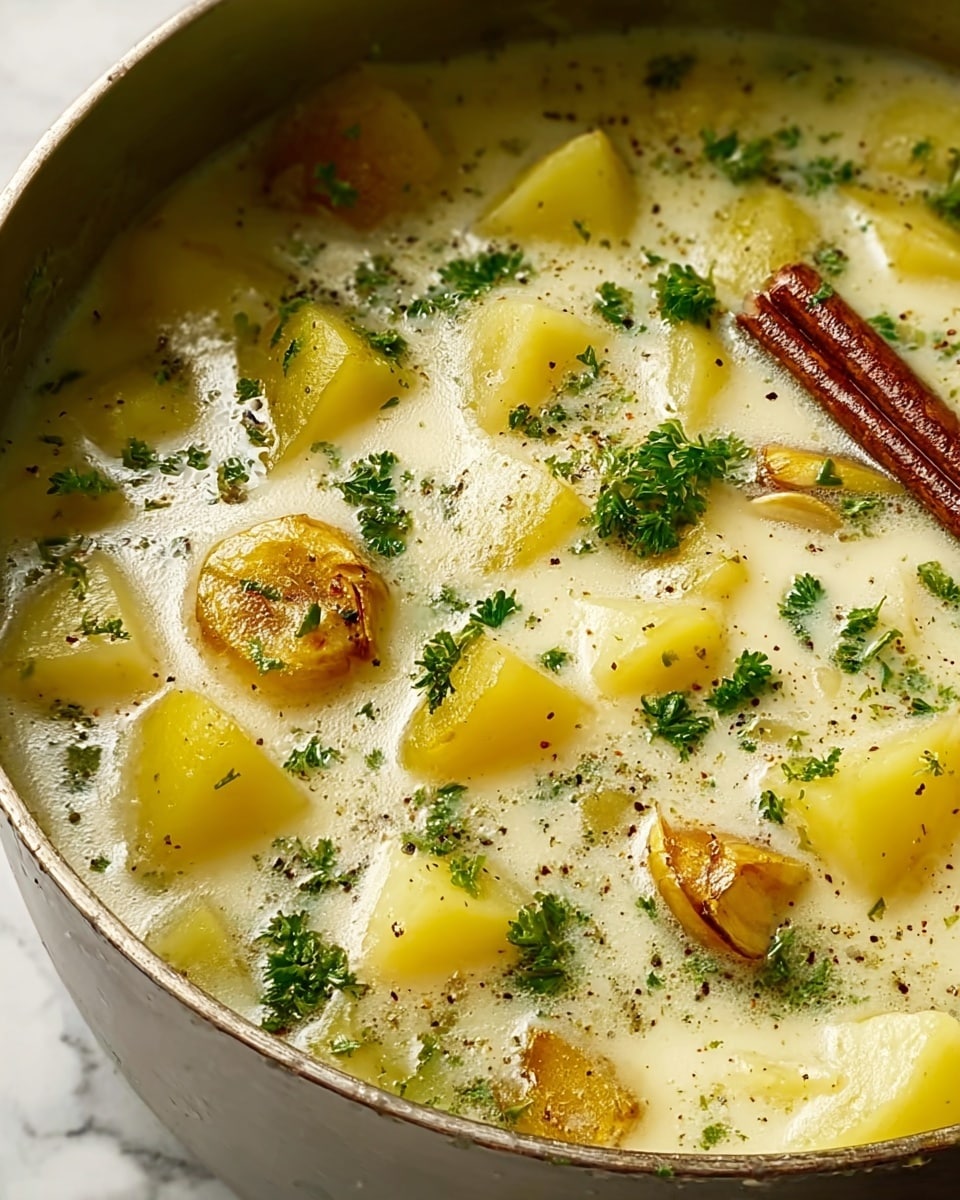 A close-up view of a white bowl filled with clear soup containing large, soft potato chunks that are pale yellow and tender. On top, there are golden brown croutons with a crunchy texture, sprinkled lightly with green parsley flakes and grated cheese. The broth looks light with tiny bubbles, and some pepper specks float on the surface. The bowl sits on a surface with a white marbled texture, and a silver spoon is partly visible in the soup. photo taken with an iphone --ar 4:5 --v 7