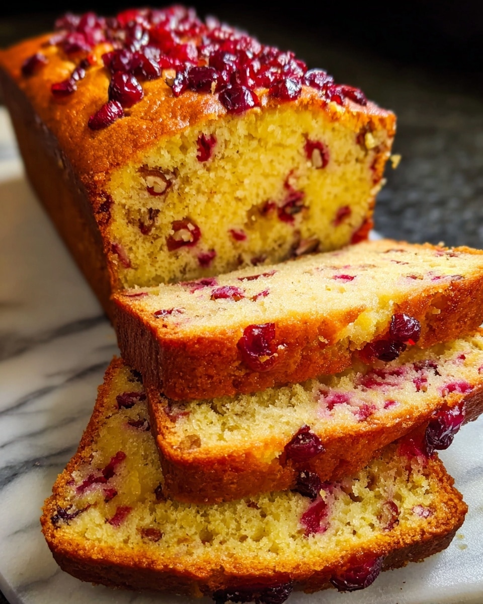 A loaf of golden yellow cake with a slightly rough texture is shown sliced, revealing inside layers speckled with bright red cranberries and small pieces of nuts. The top crust is a darker golden brown with more cranberries embedded, giving a glossy red contrast. The slices lie stacked in front of the main loaf on a white marbled textured surface. photo taken with an iphone --ar 4:5 --v 7