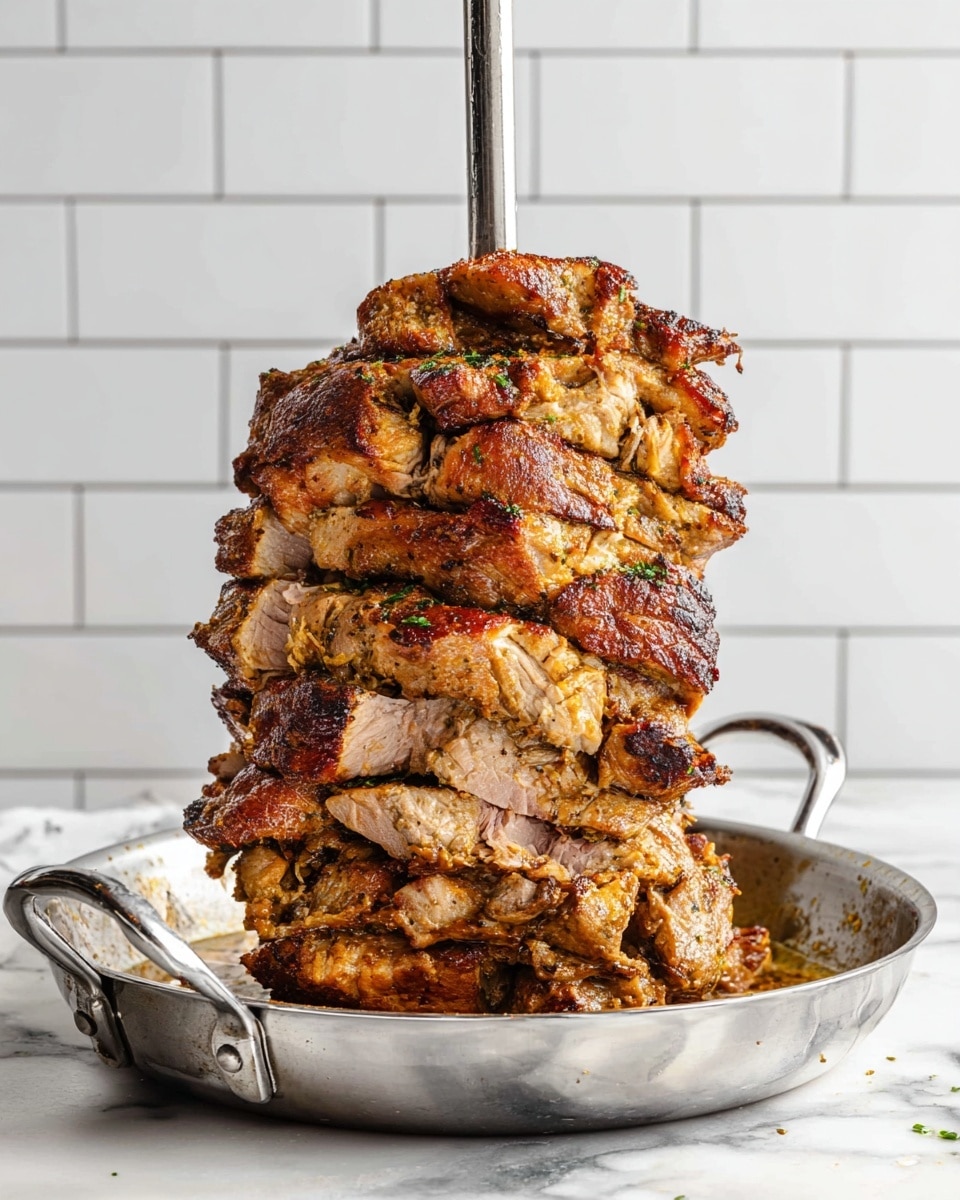 A large stack of cooked meat pieces is pierced by a tall metal skewer, standing upright in the center. The stack shows about six thick layers of golden-brown grilled meat with slightly charred edges and juicy textures visible between layers. The meat looks tender and well-marinated with spices and herbs giving it a flavorful sheen. The stack sits in a shiny silver frying pan with handles, resting on a white marbled surface. The background is white with a subway tile pattern. photo taken with an iphone --ar 4:5 --v 7