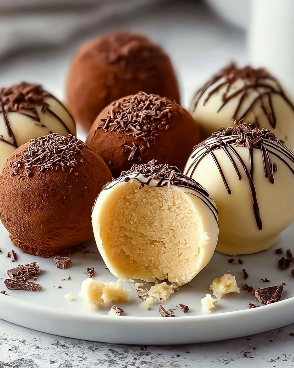 The image shows a close-up of round white chocolate truffles arranged on a white plate with a white marbled surface beneath. Each truffle has two visible layers: a smooth, shiny white outer chocolate shell, and a dark brown chocolate coating topping that looks slightly rough with shaved chocolate sprinkles scattered on top and around. One truffle is cut open, revealing a creamy off-white filling inside with a middle layer of dark chocolate just beneath the white outer shell. The truffles have a smooth texture with a mix of creamy and slightly grainy chocolate details. photo taken with an iphone --ar 4:5 --v 7