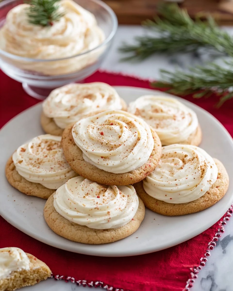 Seven soft round cookies are arranged in a slightly overlapping way on a white plate. Each cookie has one thick layer of creamy white frosting swirled smoothly on top, sprinkled lightly with brown spice powder. The cookies have a light golden-brown color and a soft texture. In the background, a clear glass bowl holds more frosting with a green pine needle garnish, set on a white marbled surface. The plate sits on a folded red cloth with a white border pattern. One cookie is partially broken and placed in the bottom left corner of the image. Photo taken with an iphone --ar 4:5 --v 7