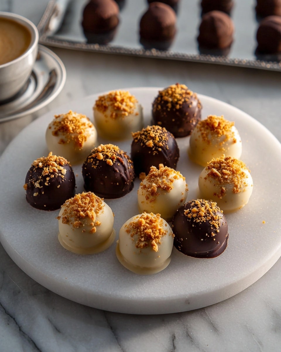 A circle of 12 small round truffles arranged on a large white plate with a white marbled texture surface underneath. The truffles alternate between two types: six are coated in smooth, glossy dark chocolate with pieces of crunchy golden crumbs sprinkled on top, and six are coated in creamy white chocolate, also topped with a similar golden crumb texture. Each truffle is raised slightly, showing a bit of thickness, and the arrangement forms a neat, even heart shape. In the background, there is a blurred silver metal tray with round chocolate truffles and a cup of light brown coffee partially visible. The lighting is soft and natural, highlighting the textures and glossy surfaces. photo taken with an iphone --ar 4:5 --v 7