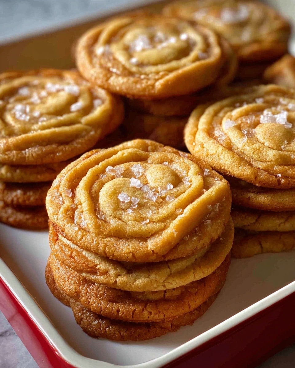The image shows a white rectangular tray filled with small round cookies in a single layer. Each cookie has a light golden-brown color with a swirled textured top and a few coarse sugar crystals sprinkled on them. They have a crispy edge and a soft center with a smooth pipe-like pattern on top. In the background, there is a clear jar stacked with similar cookies. The whole setup is on a white marbled surface. photo taken with an iphone --ar 4:5 --v 7