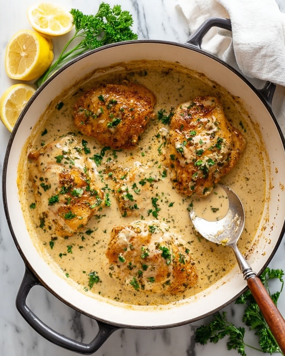 Inside a white pot with black handles, there are four large pieces of chicken covered in a thick, creamy sauce that is light beige with specks of herbs throughout. The chicken is browned and crispy on the edges, showing a golden color beneath the sauce. Small pieces of chopped green parsley are sprinkled evenly over the top for color contrast. A large spoon with a wooden handle rests inside the pot, partly covered in sauce. Around the pot, fresh green parsley leaves and two lemon wedges sit on a white marbled surface, and a white cloth is softly folded in the background. Photo taken with an iphone --ar 4:5 --v 7