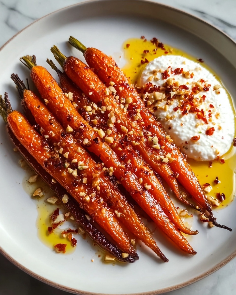 The image shows a white plate with a pile of roasted carrots, each carrot coated in a shiny orange glaze with a slightly charred texture, stacked in a neat row across the plate. Next to the carrots, there is a dollop of white creamy cheese or yogurt, topped with a drizzle of golden oil and sprinkled with red chili flakes. The carrots have small bits of crushed nuts or seeds scattered over them, adding texture and color contrast. The plate rests on a white marbled surface. photo taken with an iphone --ar 4:5 --v 7