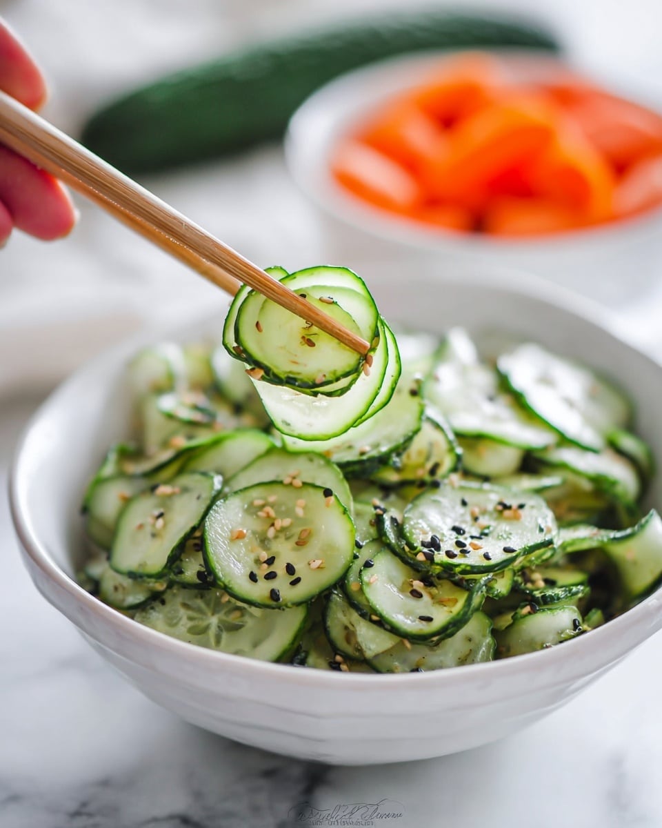 A close-up of light green cucumber slices with dark green edges, thinly cut and layered loosely together, held between two light brown wooden chopsticks. Small brown sesame seeds are scattered on the cucumbers, adding texture. The background is a soft white marbled texture, slightly blurred to keep focus on the fresh cucumbers and chopsticks. Photo taken with an iphone --ar 4:5 --v 7