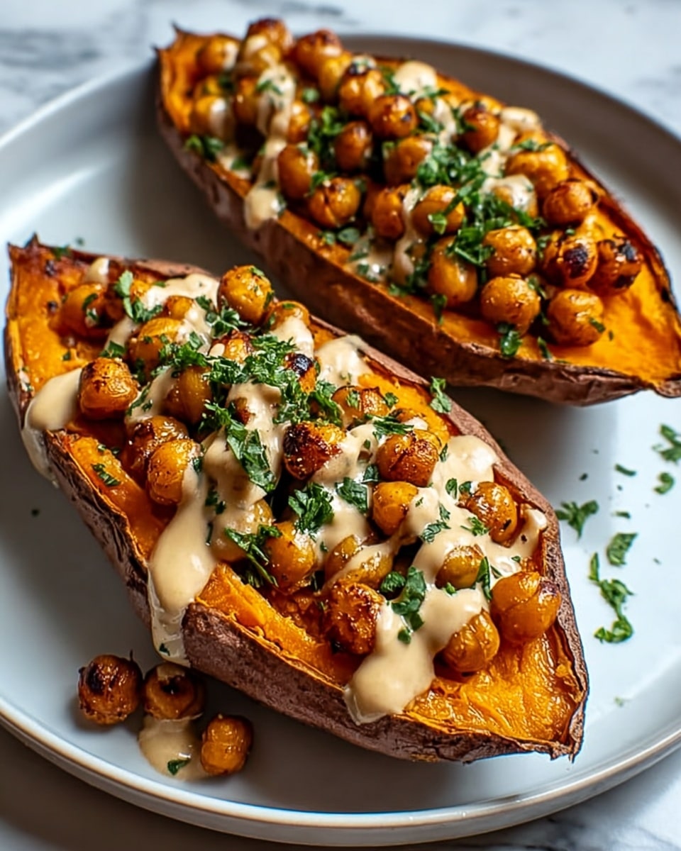 Two halves of roasted sweet potato sit side by side on a white plate resting on a white marbled texture. Each half forms the base layer with a bright orange, slightly caramelized flesh and deep brown edges. On top of the sweet potato halves is a second layer of golden-brown roasted chickpeas, round and slightly charred. The dish is finished with a drizzle of creamy, light beige sauce over the chickpeas, sprinkled with finely chopped green herbs, adding a fresh touch of color. Photo taken with an iphone --ar 4:5 --v 7