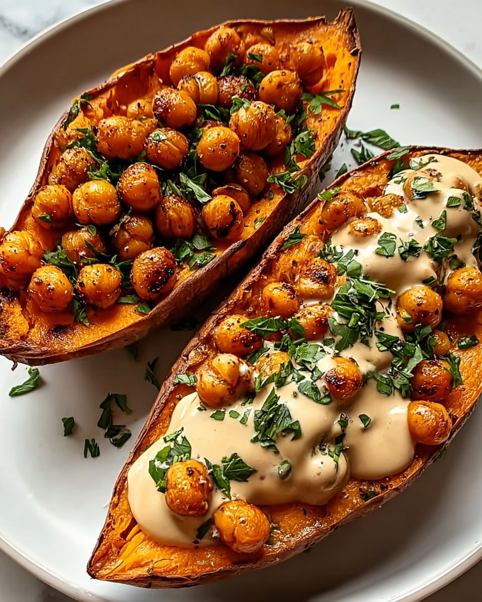 Two halves of roasted sweet potato sit on a white plate with a white marbled background. Each half is a deep orange color with slightly crispy edges, holding a thick layer of golden-brown roasted chickpeas scattered on top. Fresh, chopped green herbs are sprinkled over the chickpeas, adding a touch of color and texture. A creamy, light beige sauce is drizzled over the chickpeas and herbs on one of the halves, creating a rich contrast with the orange and green. Photo taken with an iphone --ar 4:5 --v 7