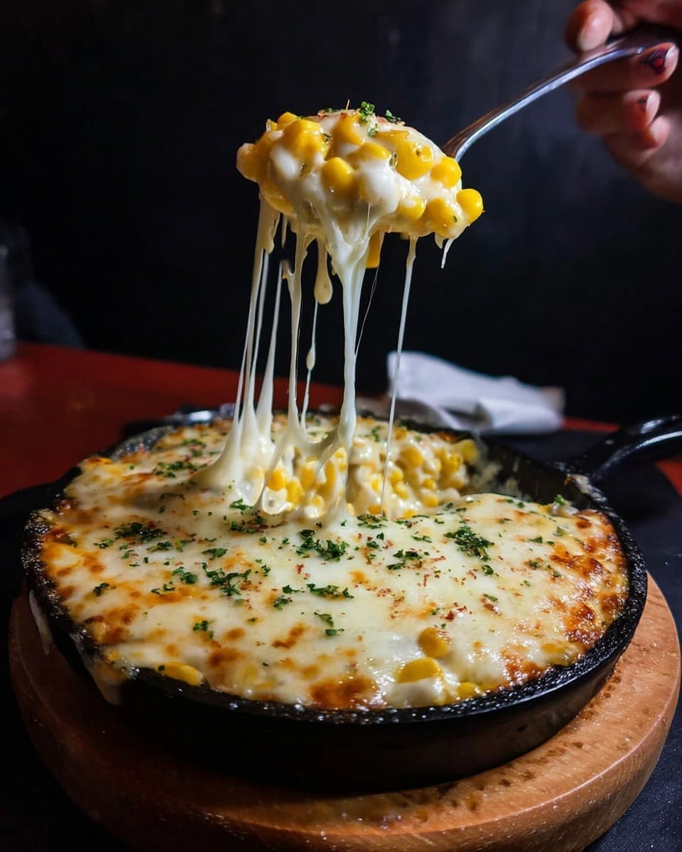 A black round pan filled with melted cheese and yellow corn kernels mixed together, topped with slightly browned and bubbly melted cheese that has some green herb sprinkles on top. A woman's hand is lifting a spoonful of the dish, stretching the gooey, stringy white cheese high above the pan, showing the layers of soft corn underneath and the thick, creamy cheese above. The black pan sits on a wooden base, with a dark background that contrasts with the bright yellow and white colors of the dish. photo taken with an iphone --ar 4:5 --v 7