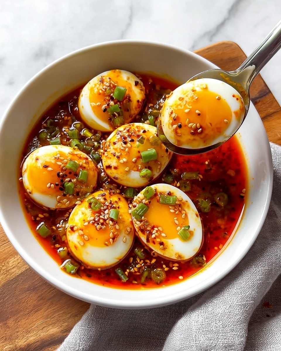 A white bowl filled with six soft-boiled eggs, halved and whole, sitting in a bright red spicy sauce. The eggs have firm white edges and golden soft yolks that look creamy and shiny. The sauce has a rich, oily texture with visible chili flakes, sesame seeds, and small cut green onions sprinkled on top. Two metal spoons hold one halved egg each, lifting them slightly above the sauce. The bowl is on a wooden surface next to a light gray cloth, all set against a white marbled texture background. photo taken with an iphone --ar 4:5 --v 7