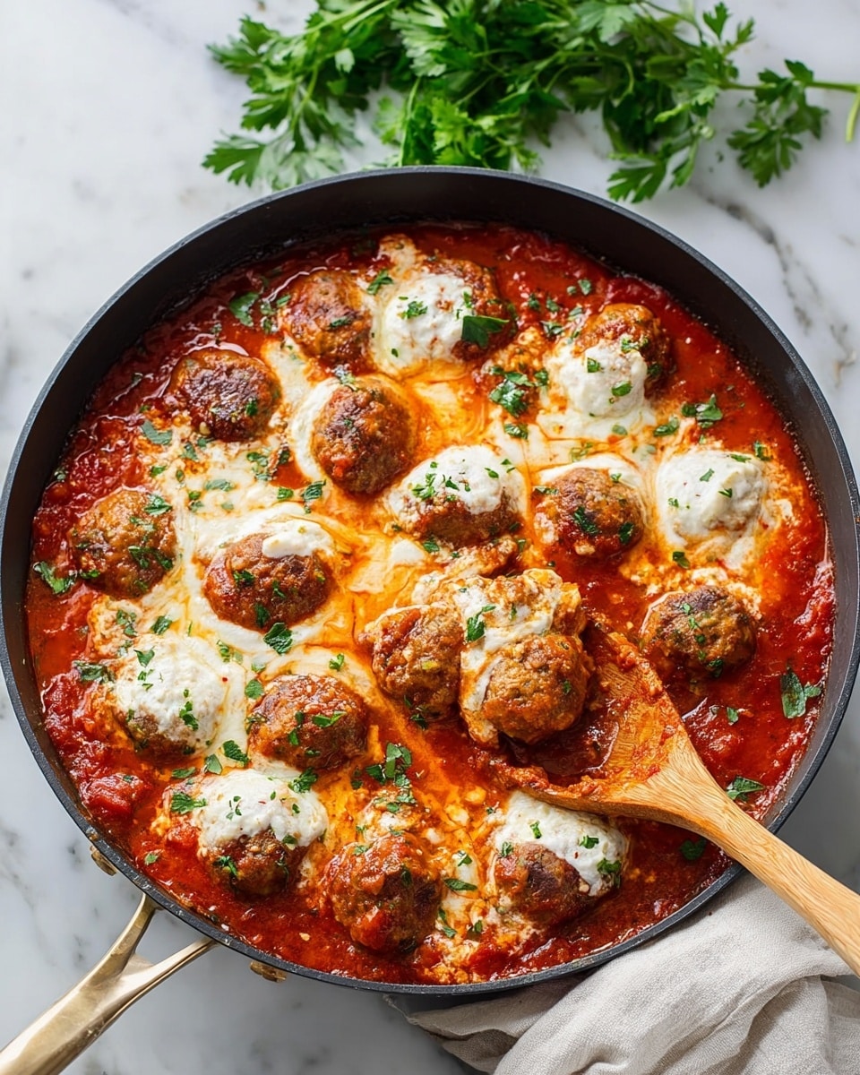 A round black pan filled with about three layers of rich red tomato sauce with visible tomato chunks and herbs, top layer showing browned, round meatballs covered in creamy white dollops of melted cheese, some cheese oozing and mixing into the sauce creating a light orange swirl effect, sprinkled green herbs on top adding contrast. A wooden spoon with a light golden handle scoops some meatballs on the right side of the pan, resting on a white cloth, all placed on a white marbled textured surface with fresh green parsley in the background. photo taken with an iphone --ar 4:5 --v 7