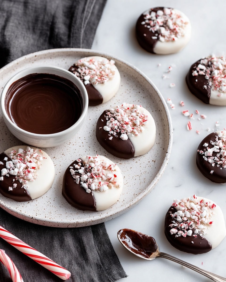 Seven round cookies with a smooth white icing base are arranged on a white speckled plate over a dark gray cloth on the left, with three more cookies placed on a white marbled surface to the right. Each cookie is dipped halfway in glossy dark chocolate and topped with crushed peppermint candy pieces, creating a textured, colorful layer contrasting the smooth icing. Below the cookies is a small white bowl filled with melted dark chocolate, and next to it lies a silver spoon coated with a glossy chocolate layer. Small bits of crushed peppermint are scattered around the bowl and on the surface, while two candy canes are partially visible in the bottom left corner. The scene is bright, with a clean, white marbled texture background. photo taken with an iphone --ar 4:5 --v 7