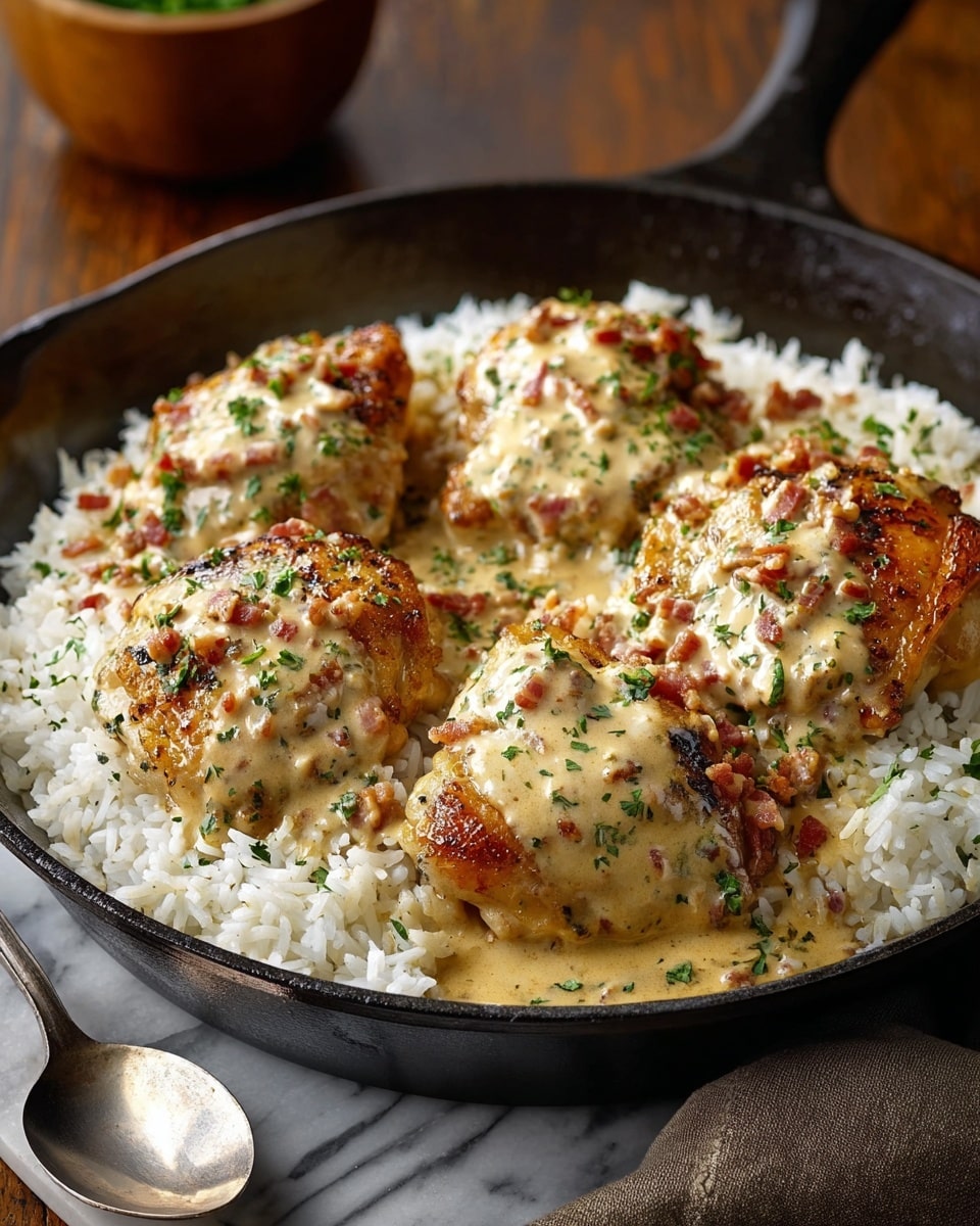 The dish shows four golden-brown grilled chicken thighs placed on a thick bed of white rice inside a black cast iron pan. Each chicken thigh is covered with a creamy, light beige sauce flecked with small bits of herbs and bacon, giving it a textured look. The sauce drapes slightly over the chicken and rice, adding shine and moisture. Green chopped herbs are sprinkled over the top of the chicken and sauce for color contrast. The pan sits on a dark wooden surface with a silver spoon to the side and a blurred small wooden bowl in the background. The whole scene rests on a white marbled texture. Photo taken with an iphone --ar 4:5 --v 7