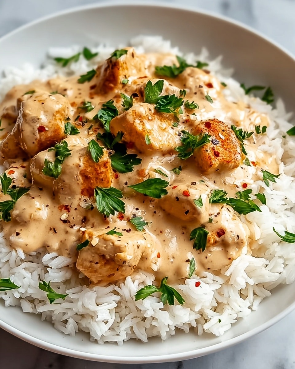 A white plate filled with a base layer of fluffy white rice topped with creamy, light brown chicken pieces covered in a smooth sauce with visible flecks of pepper and spices. The chicken pieces have a golden-brown crust in some spots, adding texture and color contrast. Fresh green parsley leaves are sprinkled evenly on top for a pop of color. The dish is set on a white marbled surface. photo taken with an iphone --ar 4:5 --v 7