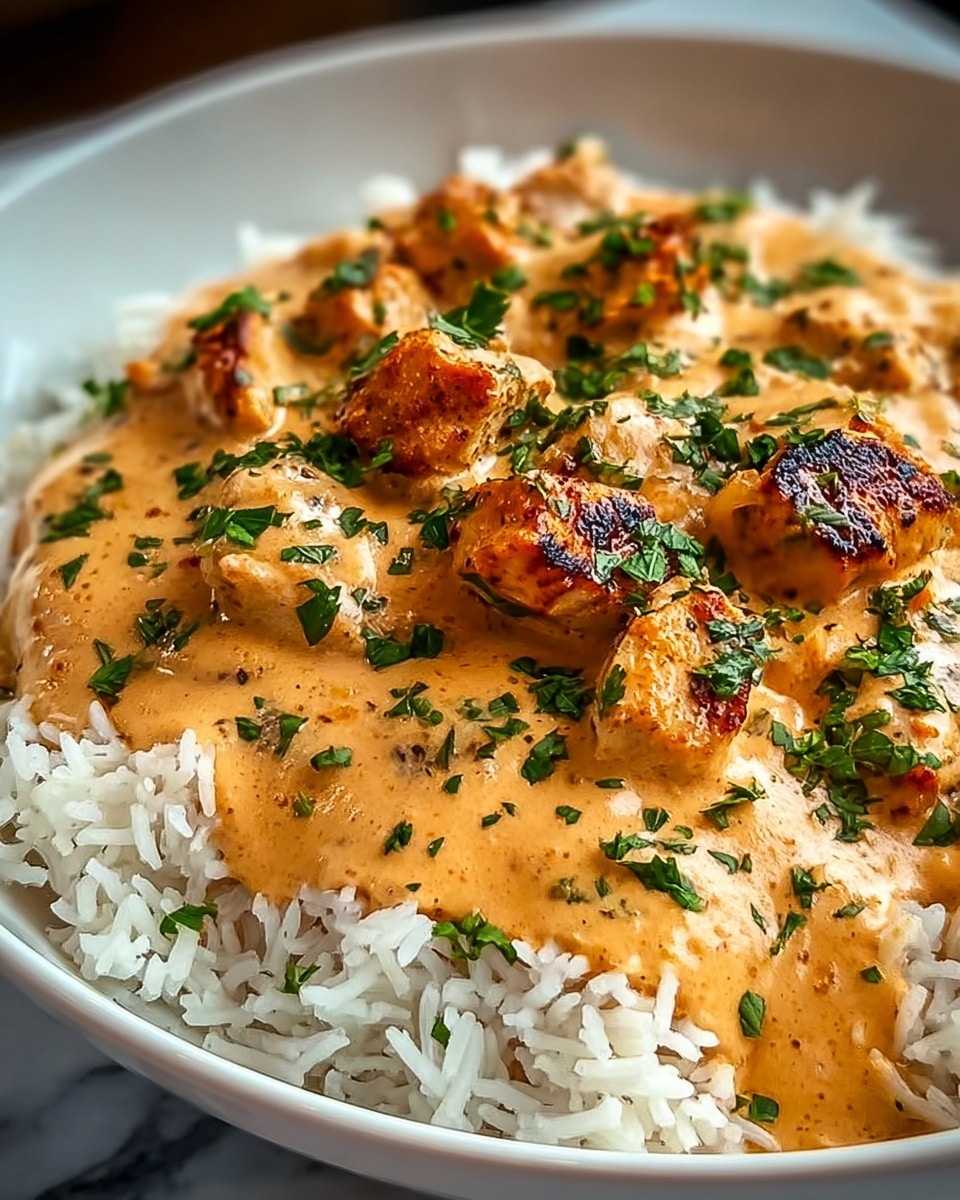A dish shows one layer of white fluffy rice at the bottom, with separate grains visible. On top, there is a thick layer of creamy, light orange sauce mixed with small pieces of grilled chicken that have a golden-brown char on the edges. The sauce is smooth with specks of spices throughout. Bright green chopped herbs are sprinkled evenly over the chicken and sauce, adding color contrast. All of this is served in a white shallow bowl, with a white marbled texture in the background. photo taken with an iphone --ar 4:5 --v 7