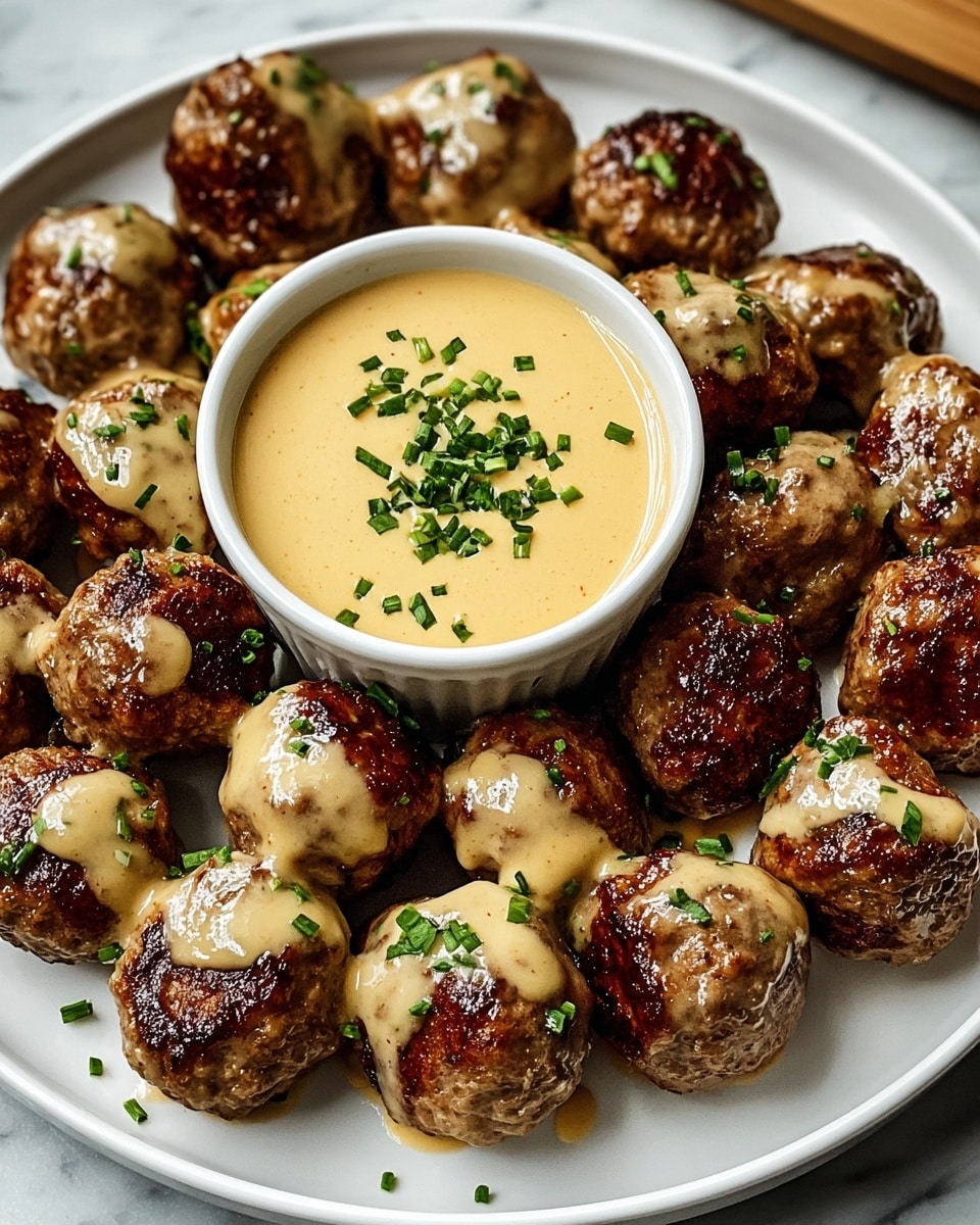 A white plate holds about twelve shiny brown meatballs, each topped with a light tan creamy sauce that drips slightly down the sides, and sprinkled with small green chopped herbs. In the middle of the plate, there is a white bowl filled with the same tan creamy sauce, also garnished with green herbs. The meatballs have a slightly rough texture with a glossy finish. The plate sits on a white marbled surface. photo taken with an iphone --ar 4:5 --v 7