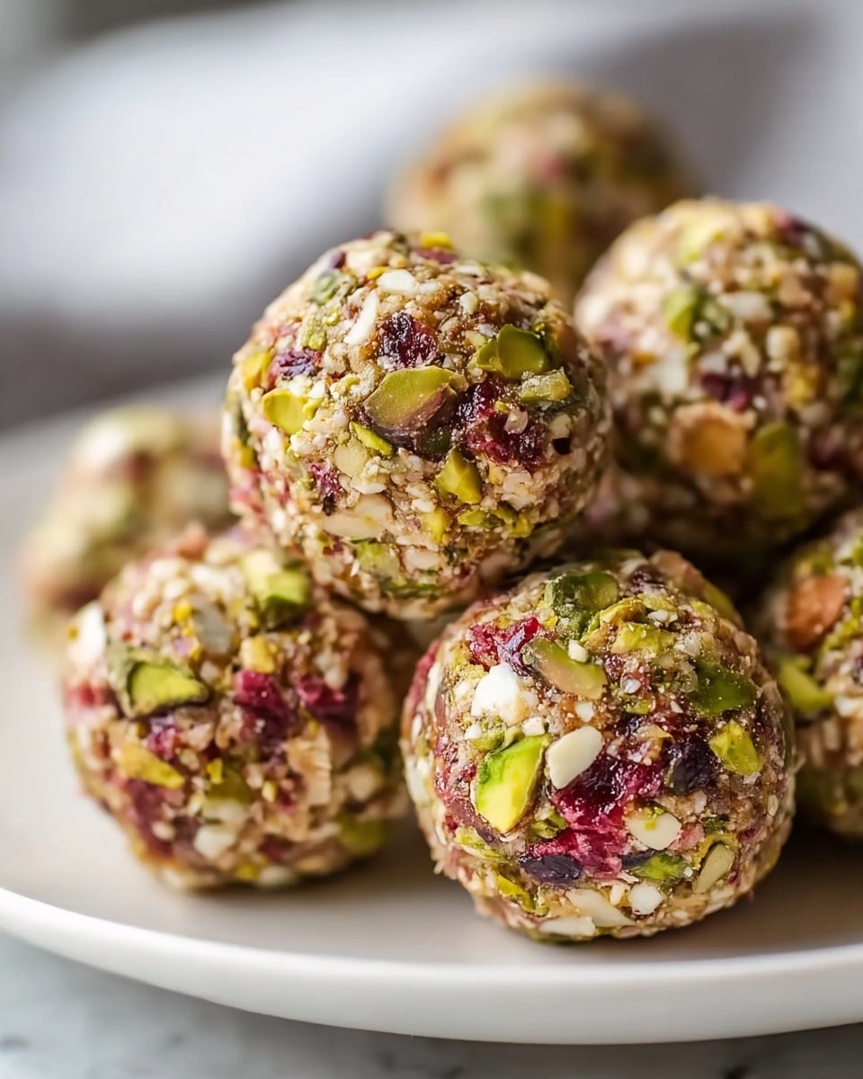 A close-up view of several round nut balls placed closely together on a white plate, each ball showing a rough texture with small pieces of green pistachios, white nuts, and bits of red dried fruit mixed throughout. The nut balls have a natural, chunky surface with visible colors of green, cream, and deep red, and they sit on a soft-focused white marbled textured background. The lighting highlights the colors and textures in each ball, making them look fresh and inviting. Photo taken with an iphone --ar 4:5 --v 7